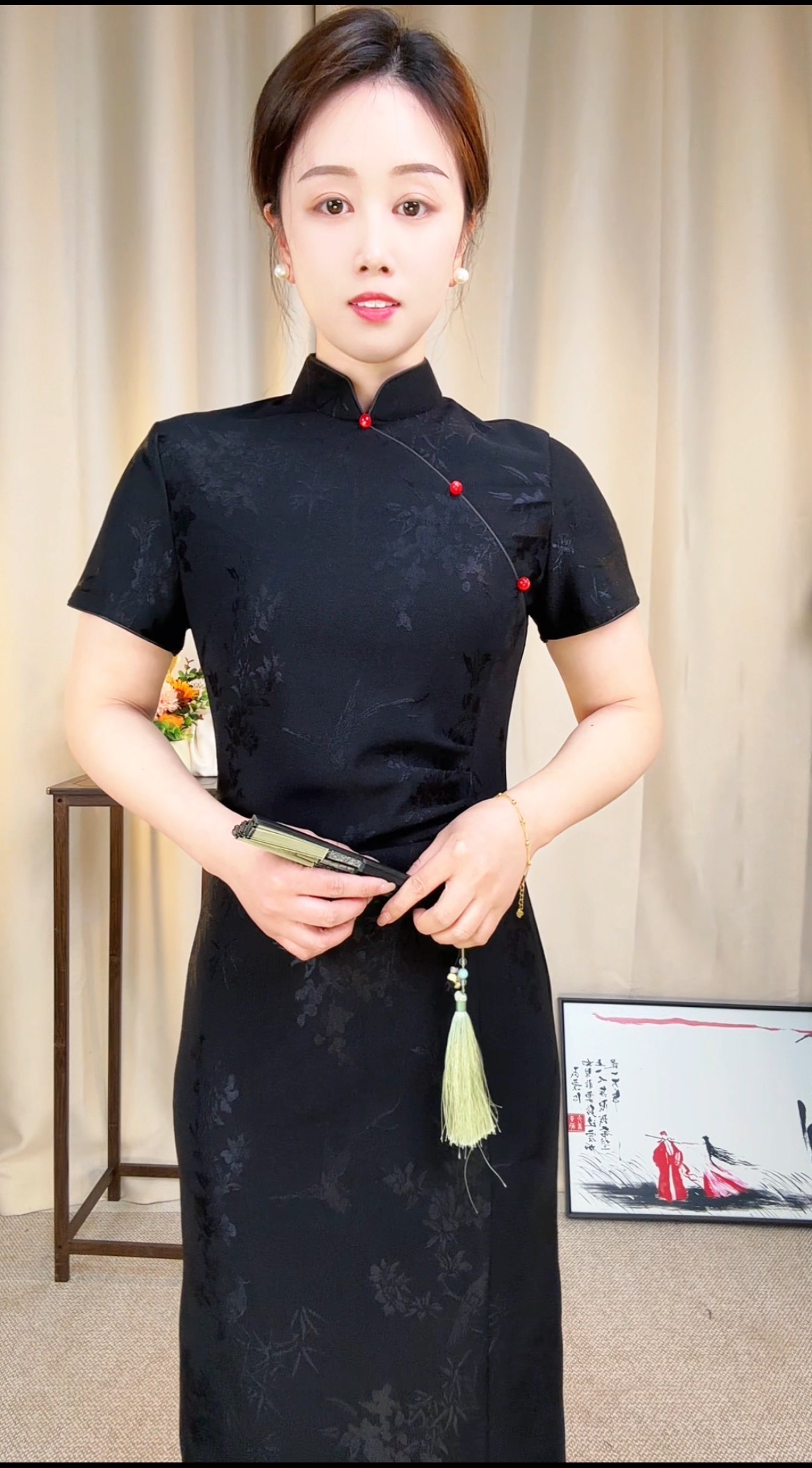 新中式复古国风黑色晚礼服旗袍名媛气质短袖褶皱网纱连衣裙小黑裙