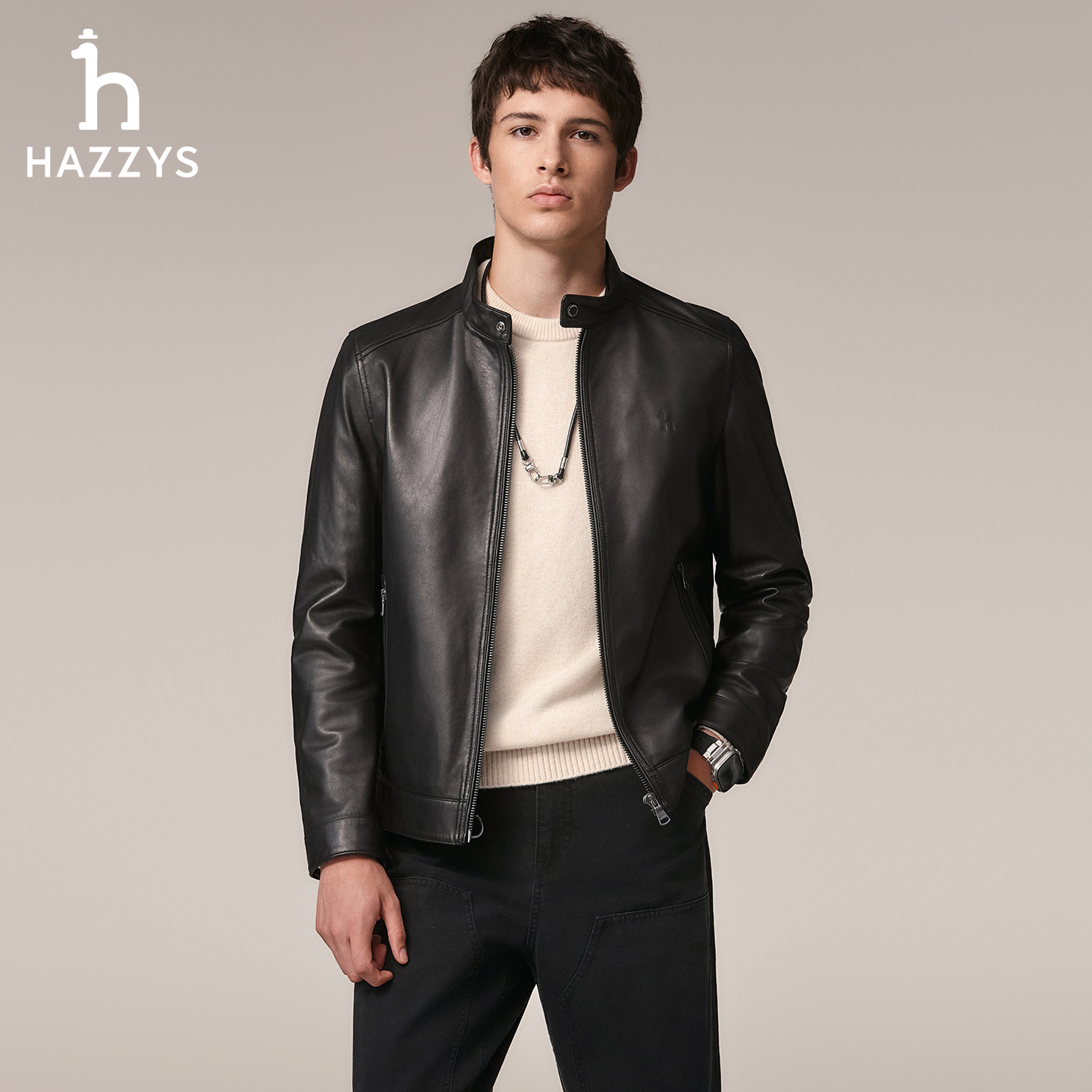 HAZZYS哈吉斯秋冬男士立领短款皮衣商务休闲时尚机车风羊皮革外套