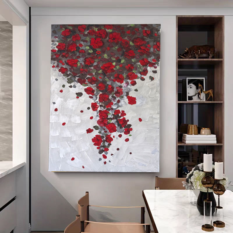 蔷薇花瀑玄关客厅沙发背景墙手绘肌理砂岩装饰油画2025最新款