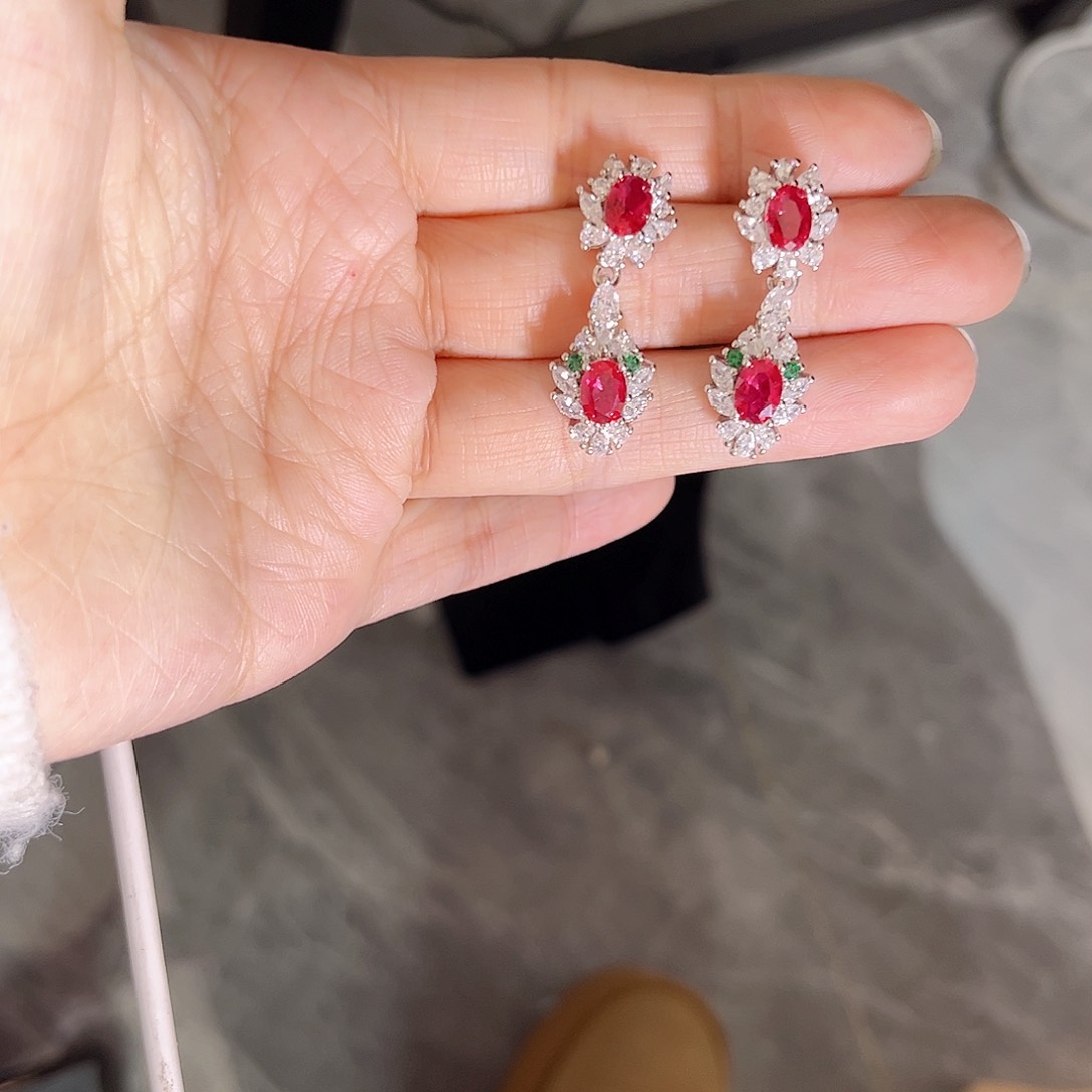 银S925镶嵌耳饰红宝石
