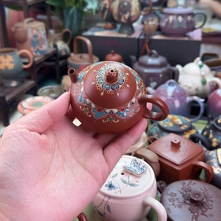 番***红紫砂茶壶珐琅彩文旦
