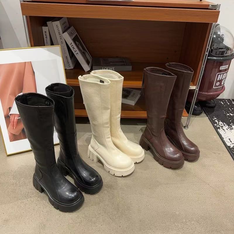 W09-835C保暖粗跟显腿长不过膝长筒靴女弹力高筒骑士靴子 薄绒