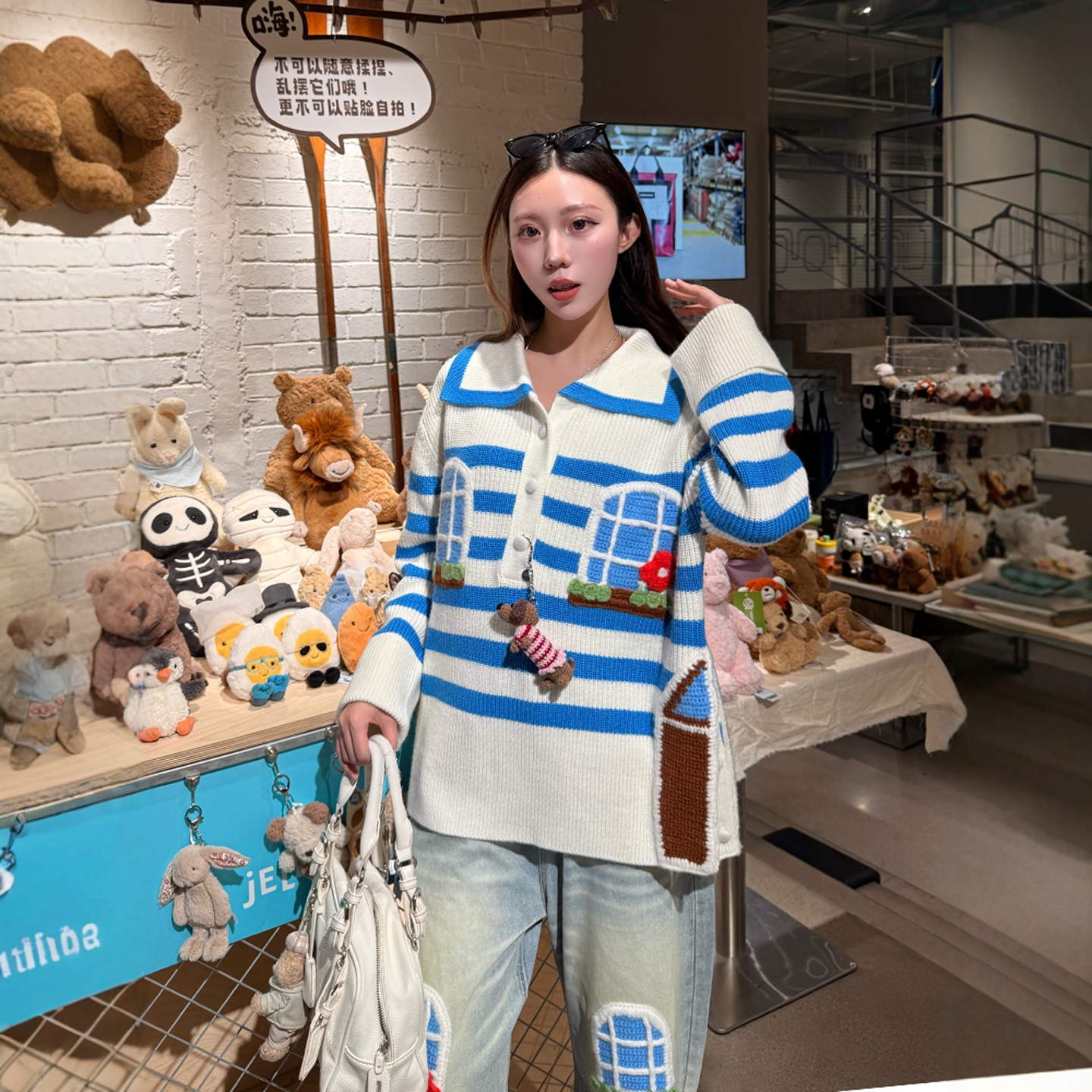 现货【蓝条纹小狗窗户毛衣】设计师品牌腊肠狗海军领窗户条纹毛衣