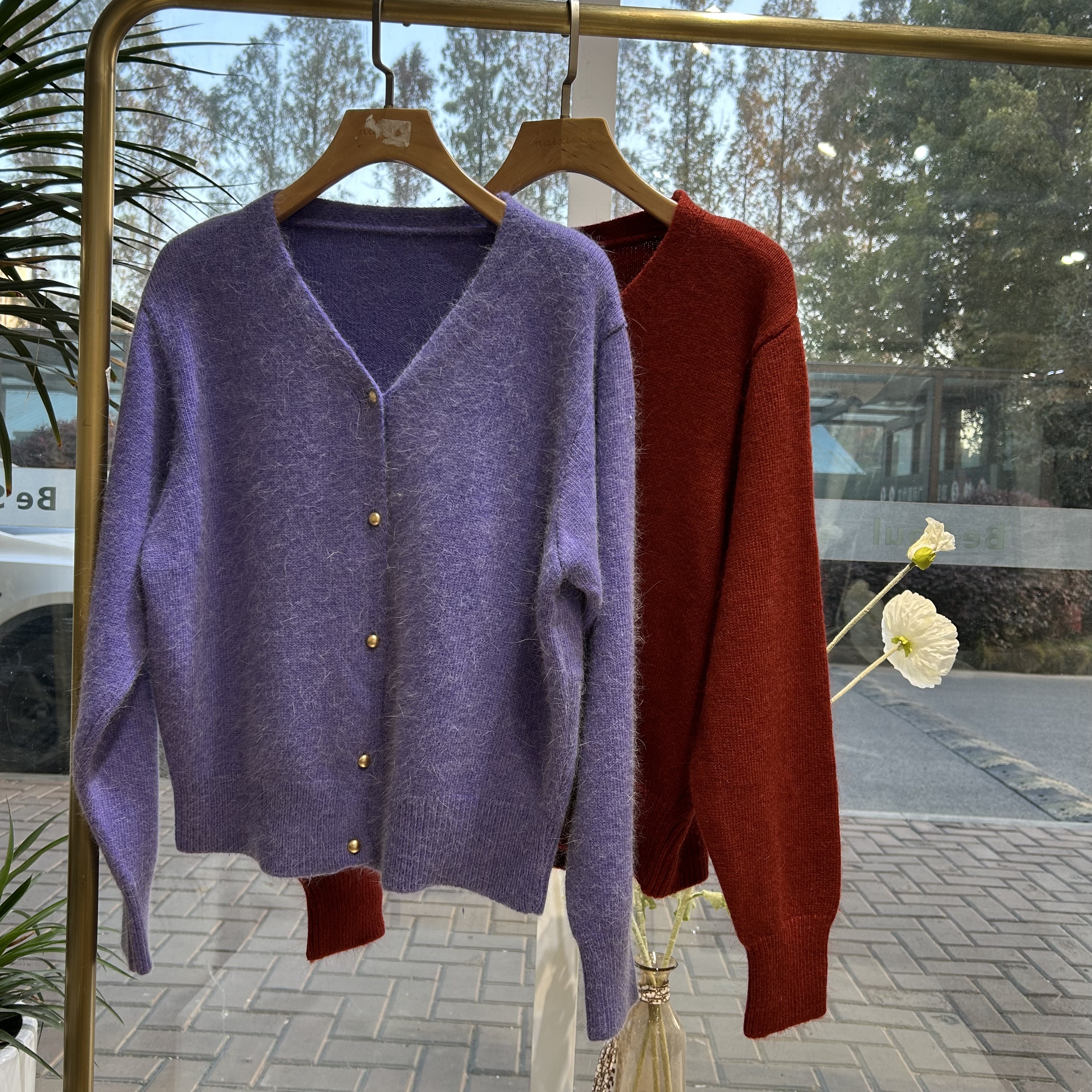 8339皇家紫圆领纯色宽松长袖针织开衫保暖毛衣外套秋冬