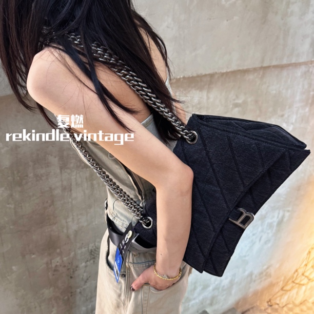 99新 Balenciaga/巴黎世家 复燃精选/黑银牛仔crush中号单肩包