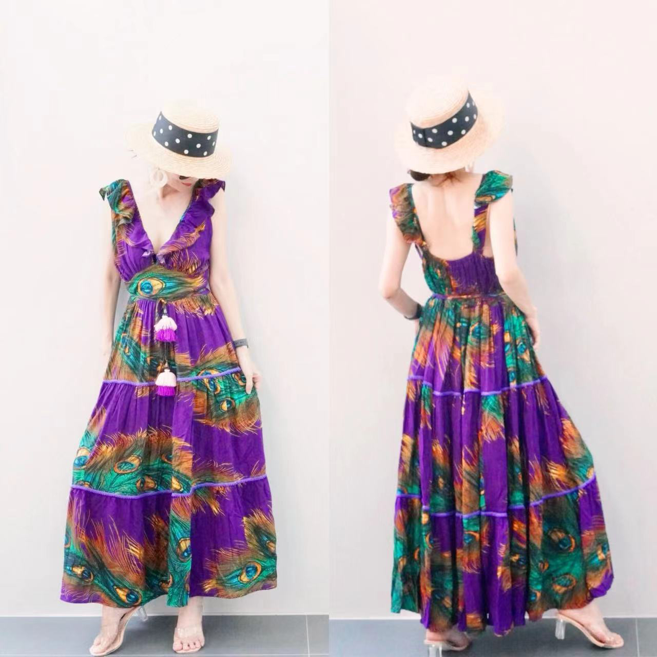 泰国手工钉珠孔雀飞袖吊带连衣裙