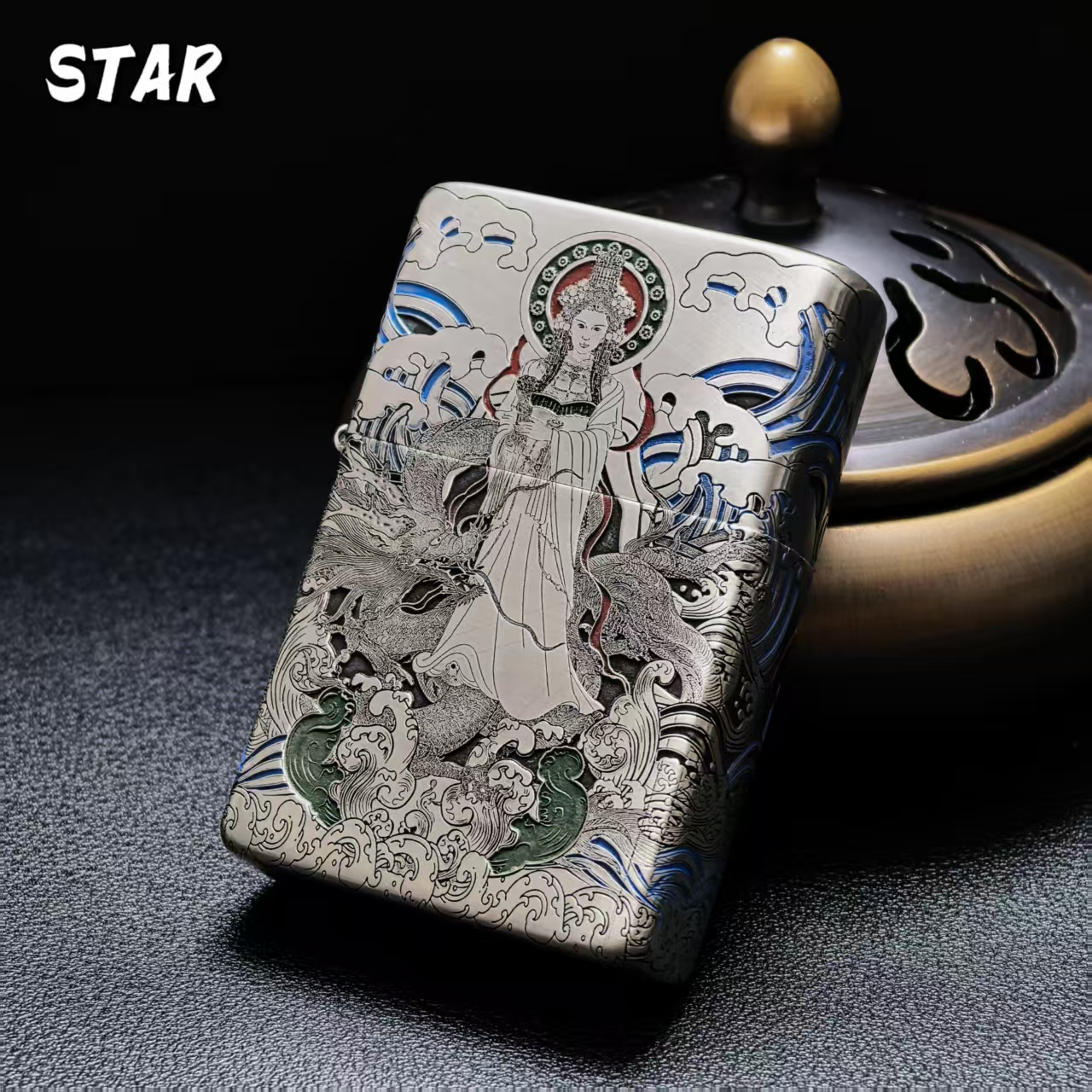 STAR恒星905S白铜盔甲五面雕刻珐琅彩妈祖保佑煤油打火机