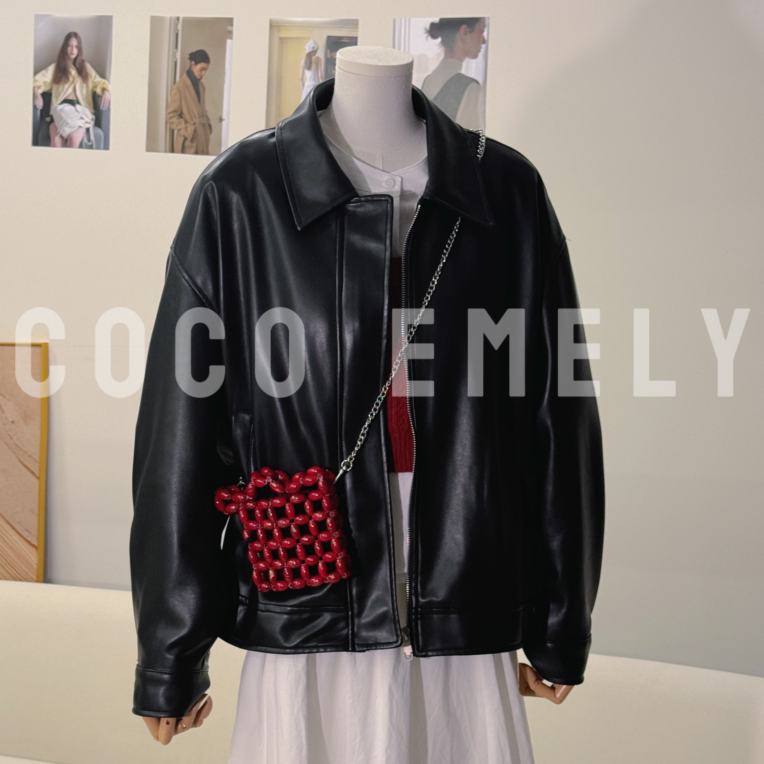 COCO EMELY25年春季新款复古拉链飞行夹克机车皮衣外套CO07211380