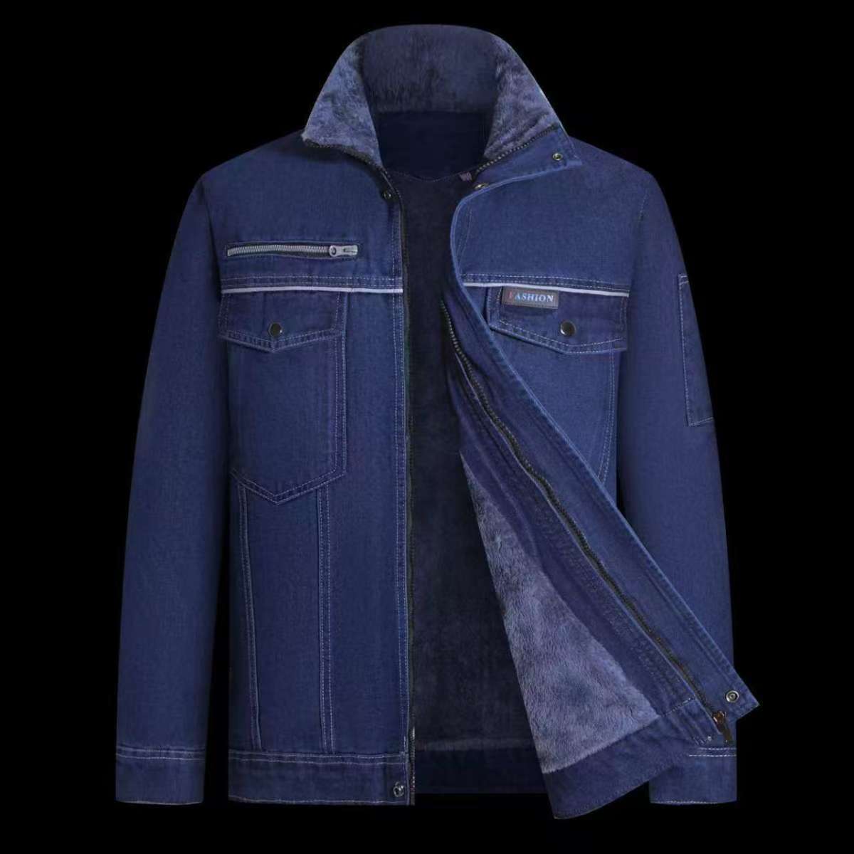 牛仔加厚工作服立领保暖防磨棉服棉衣加绒加厚款加绒棉服