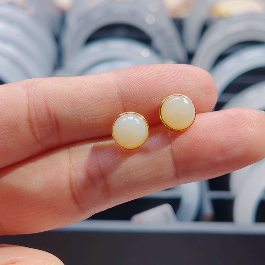 和田玉耳饰银S925镀金镶嵌大眼晴