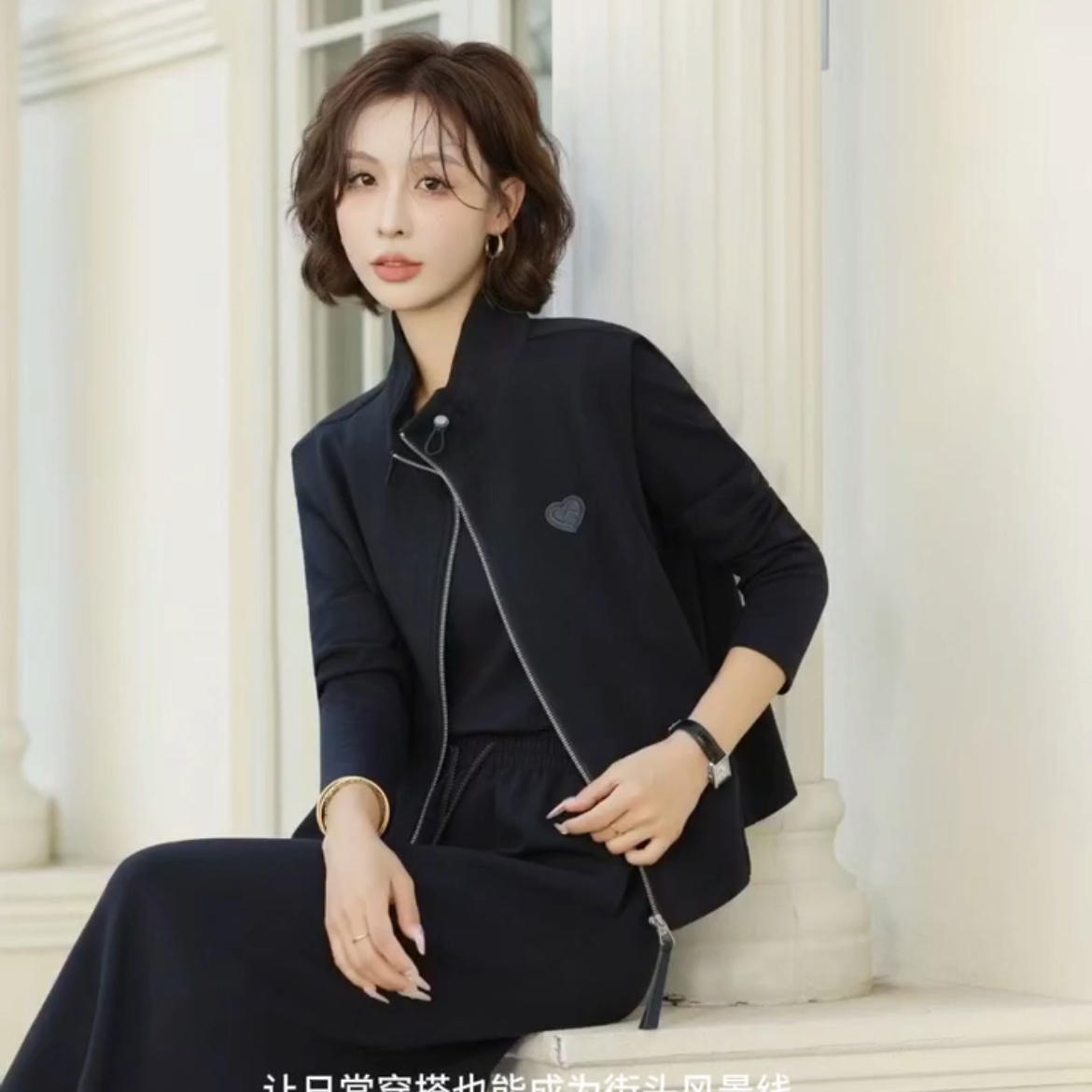 秋季09女士时尚长袖小衫马甲与裙子搭配三件套套装显瘦气质休闲