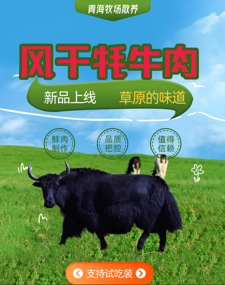 青海牧场优质牦牛肉干（长条装/不切片）带试吃装
