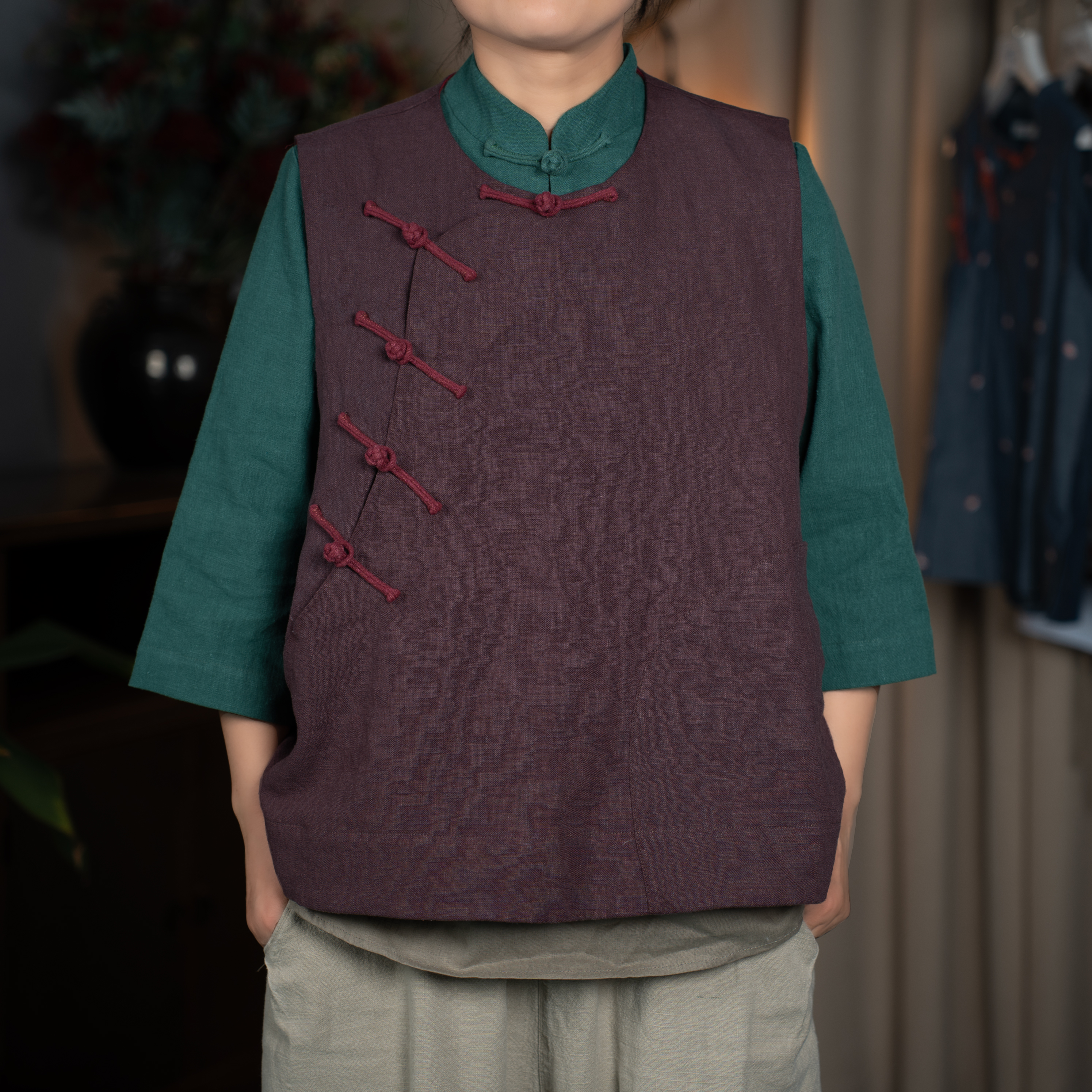 落点汉麻盘扣斜襟马甲新中式复古文艺民族风无袖立领中国风双层