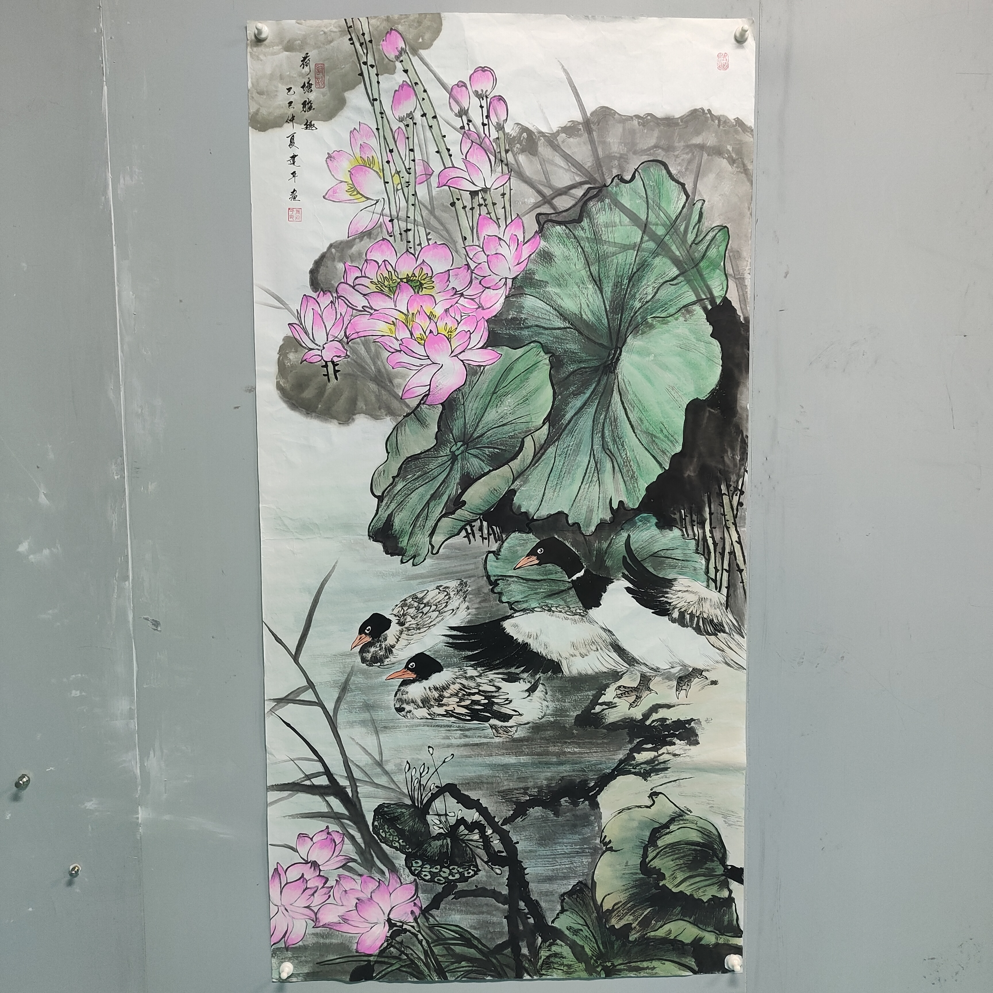 唐建平【荷塘雅趣】70*140cm手绘国画荷花写意作品适合客厅玄关挂画