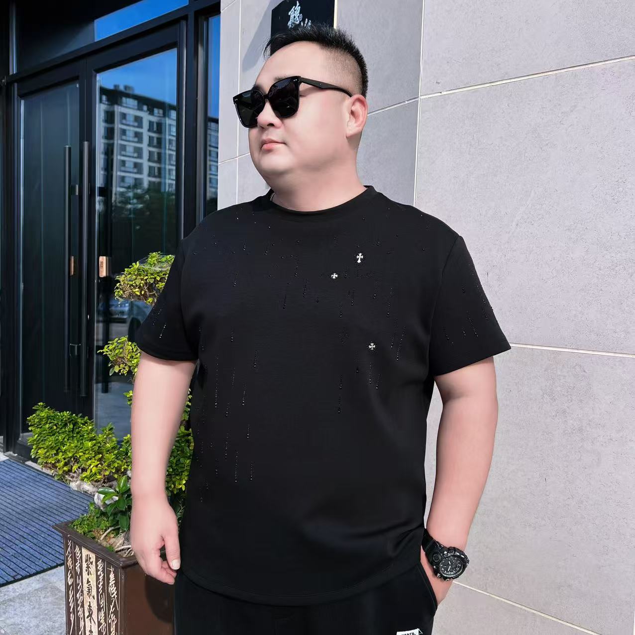 秋季新款 大码男装轻奢时尚半袖 加大男士重磅棉烫钻短袖72651