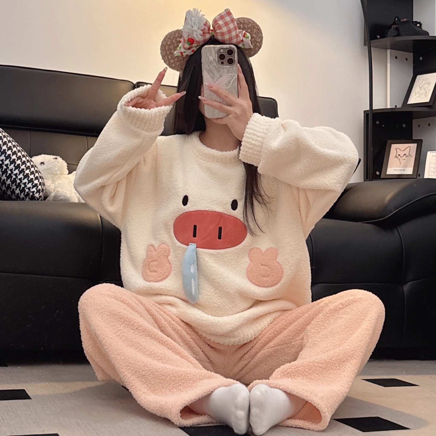 加绒加厚睡衣女款冬季保暖半边绒可爱小猪可外穿珊瑚绒家居服套装