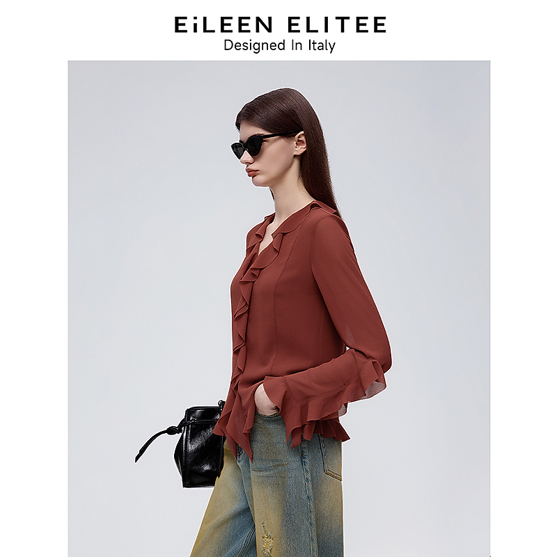 朗姿欧洲EiLEEN ELITEE2025年夏新款黑色衬衣上衣荷叶边雪纺衬衫