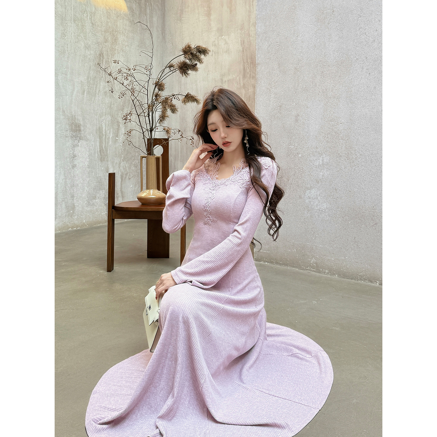 凌茜恣禾【香飘】国风新中式粉紫蕾丝领裙温婉优雅修身显瘦旗袍裙子