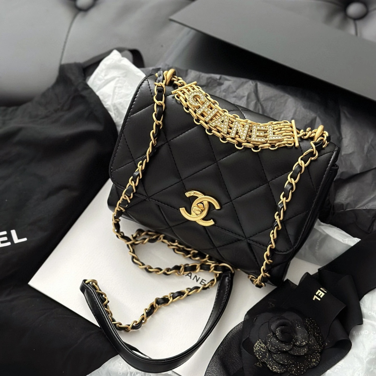 99新 Chanel/香奈儿 7576 黑金羊皮22s镶钻方胖子斜挎包芯片款