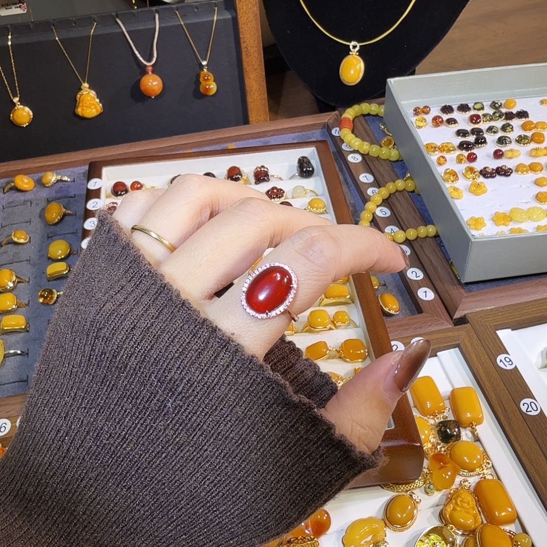 蜜蜡银S925镀金镶嵌戒指