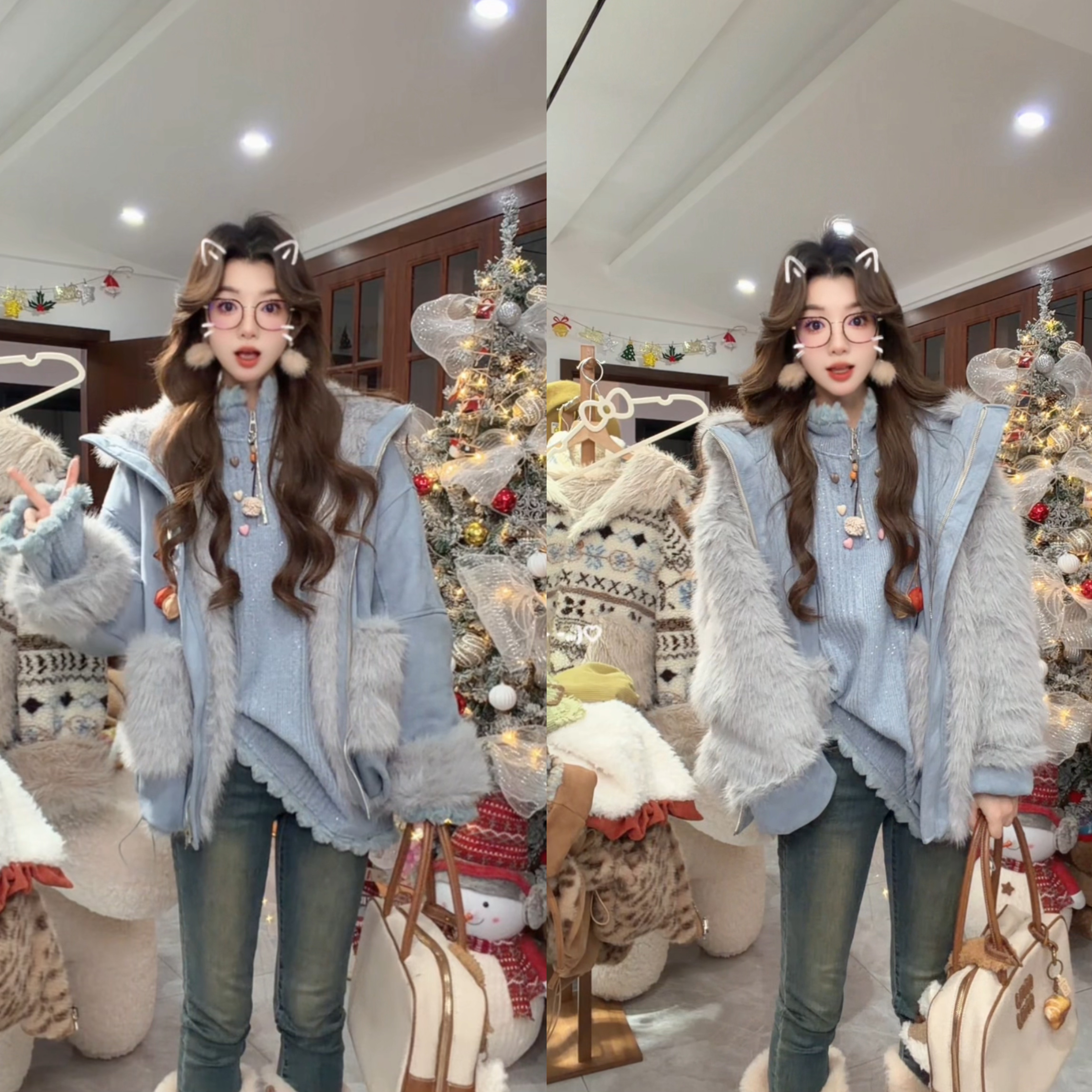 YBB「蓝精灵」正反两穿冬季氛围感毛绒加厚连帽保暖外套