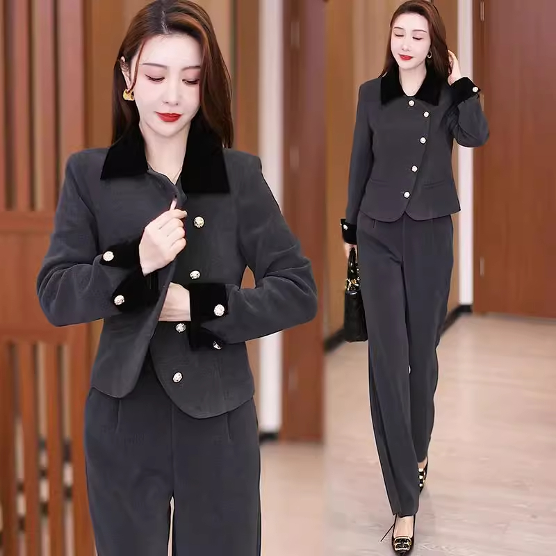 小香风时尚套装女春季网红气质显瘦通勤职业短款外套阔腿裤两件套