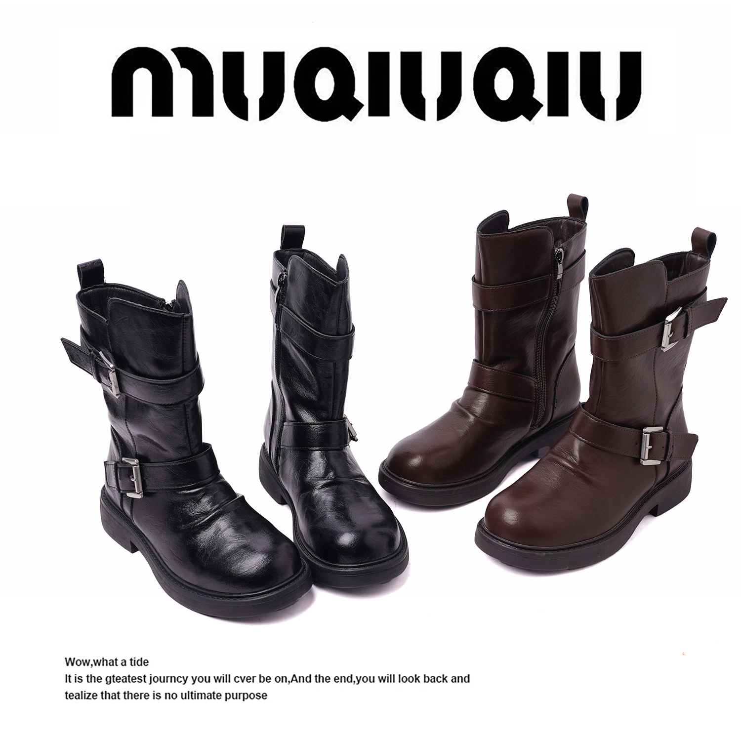 暮秋秋黑色复古马丁靴女士短靴圆头中筒骑士靴皮带扣辣妹西部靴子