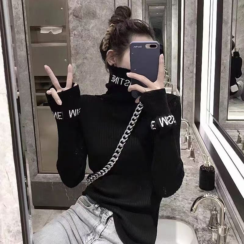 【毛】时尚打底衫长袖字母显瘦常规款百搭毛针织衫针织M002