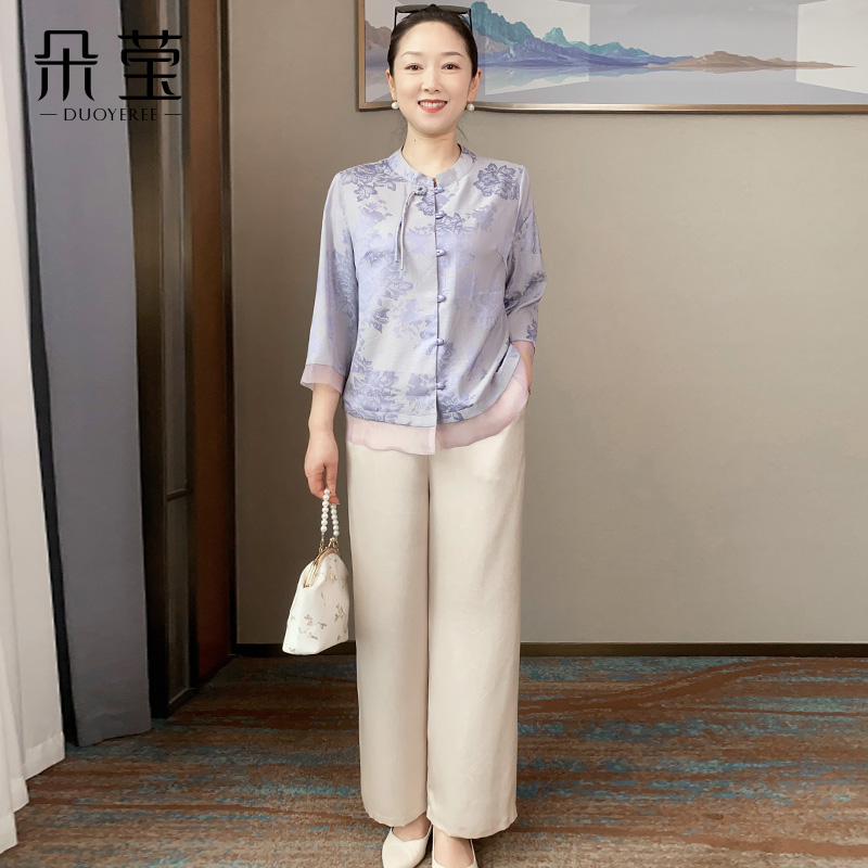 朵莹中老年气质妈妈套装上衣阔腿裤气质优雅时尚春夏秋装大码套装