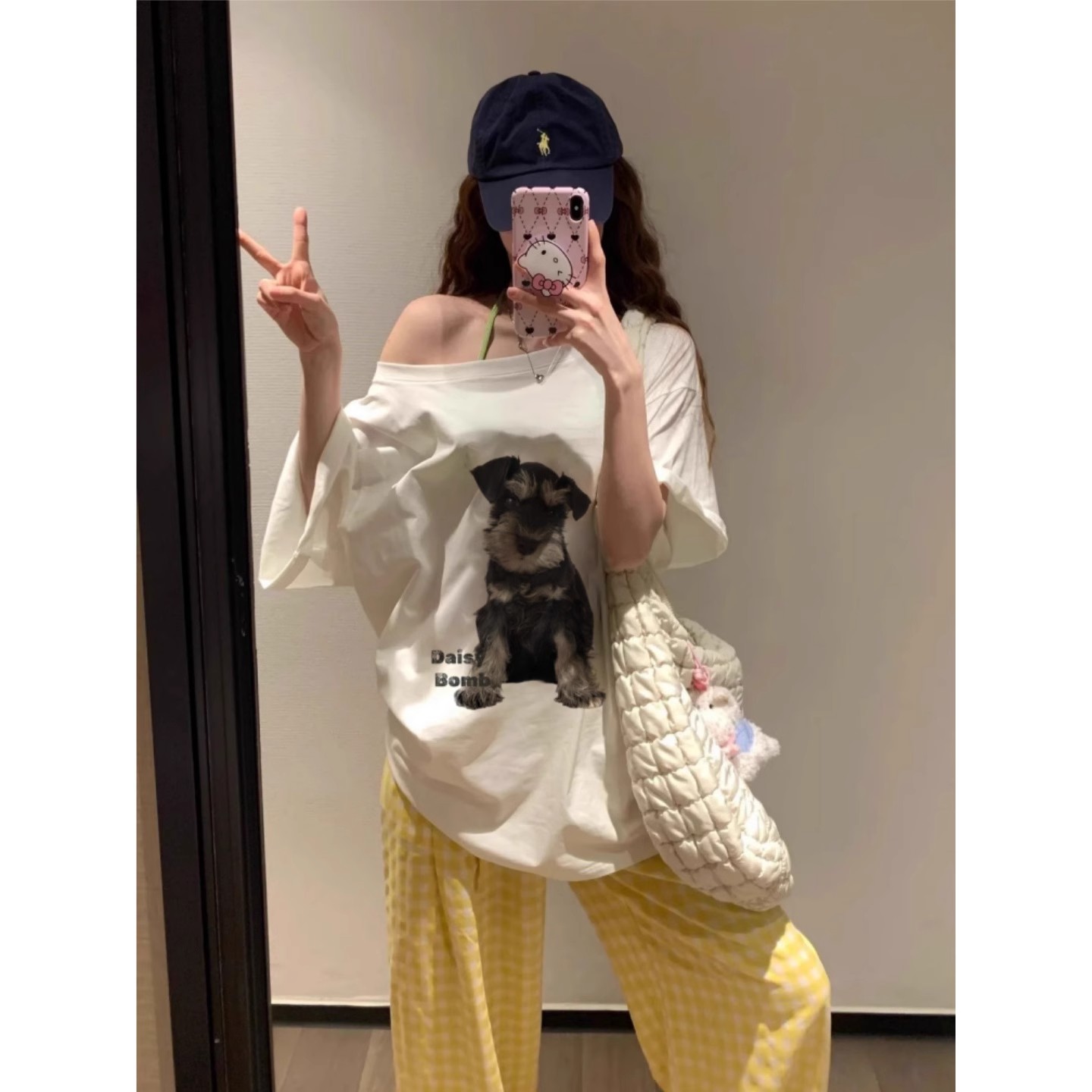 美式辣妹斜肩短袖t恤女夏季新款卡通小狗印花慵懒风宽松露肩上衣