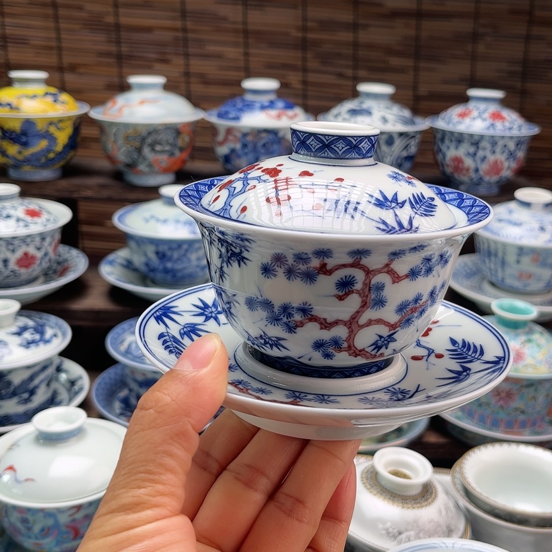 陶摆件景德镇陶瓷三才盖碗