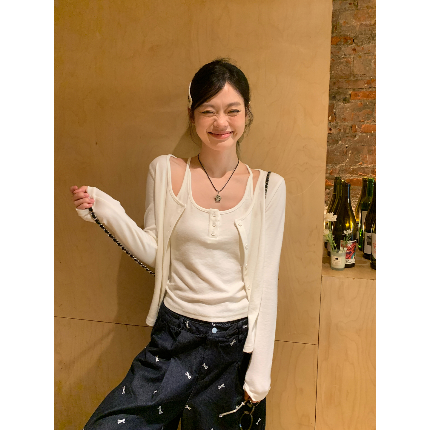 宋正恩浅绿色修身开衫外套女夏季防晒外搭+背心吊带两件套AA25818