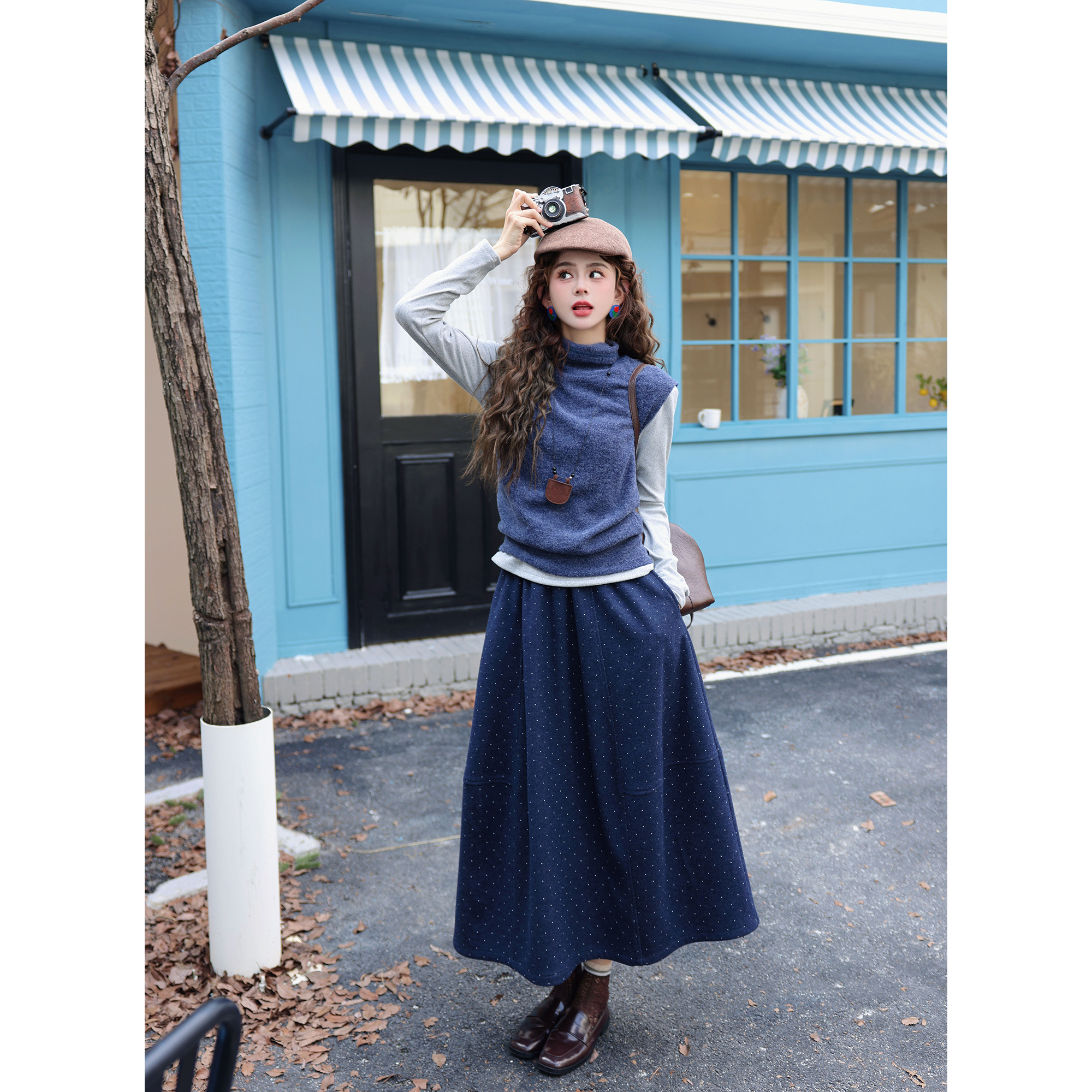 陈大器【岛眠鲸涌】港风复古高领马甲背心+T恤打底两件套JS1116437