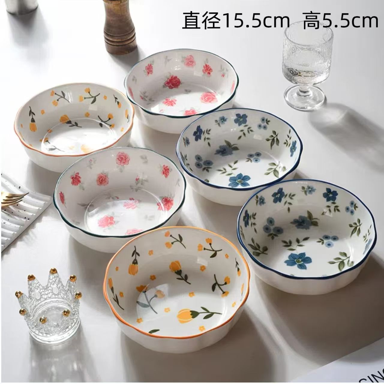 【6只装】6英寸花边碗随机颜色高温釉下彩陶瓷餐具【介意勿拍】