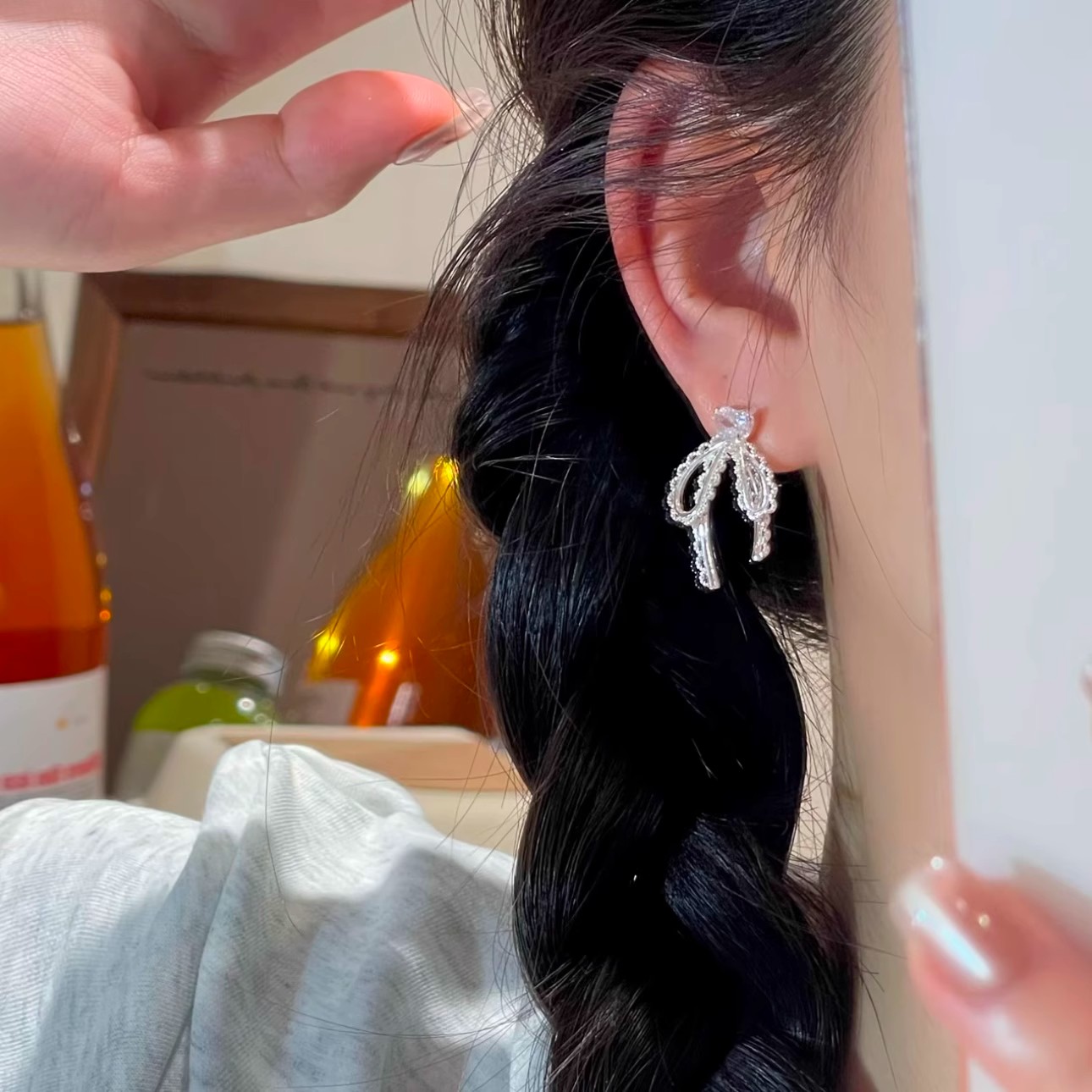 铜合金耳饰 【音音粉丝专属】百搭银色蝴蝶结耳钉超仙耳环少女甜美