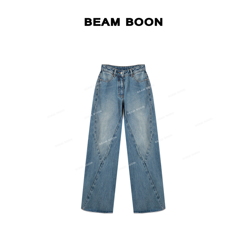 Beam Boon|【江南小姐姐】立裁拼接复古酵洗磨白直筒牛仔裤