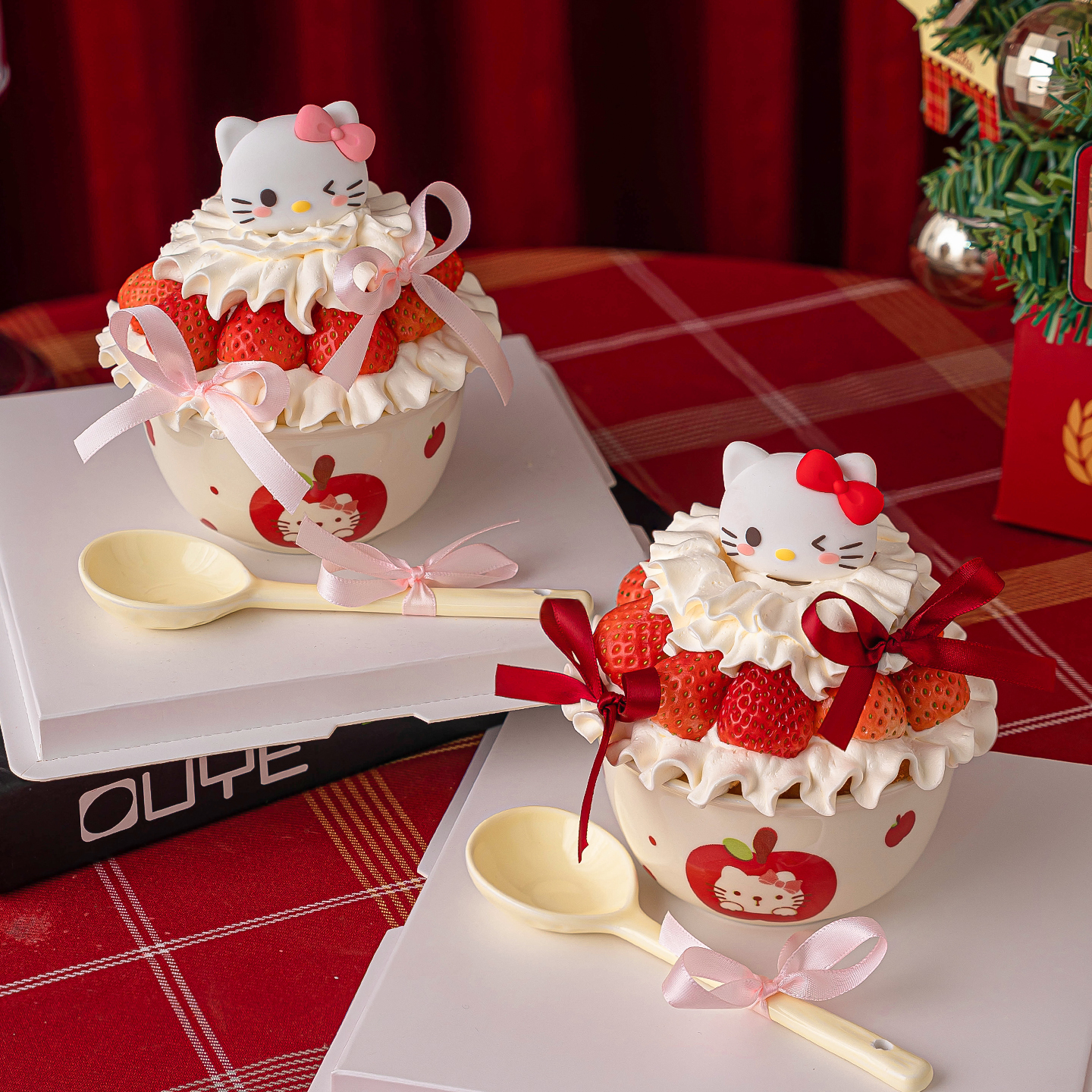 网红圣诞节新年小猫草莓碗蛋糕装饰苹果猫咪陶瓷碗甜品碗蛋糕碗