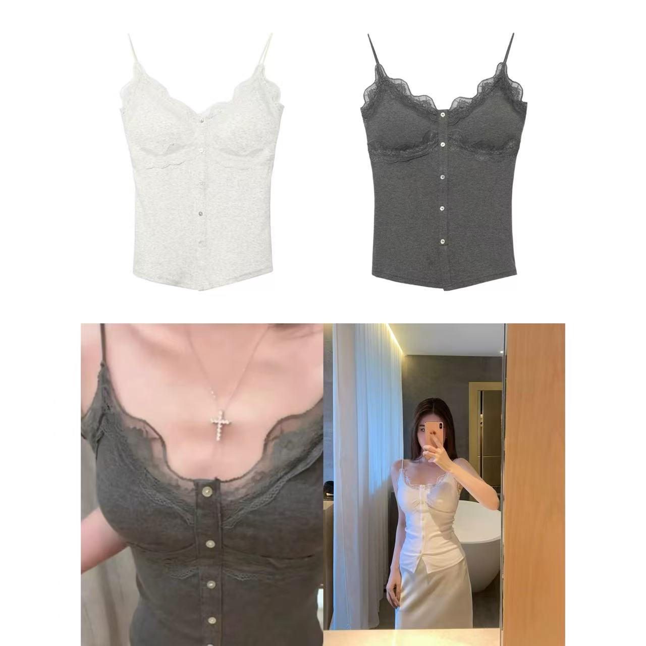 徐秋阳   浪漫蕾丝吊带  蕾丝花边假门襟钉扣自带胸垫唐装吊带