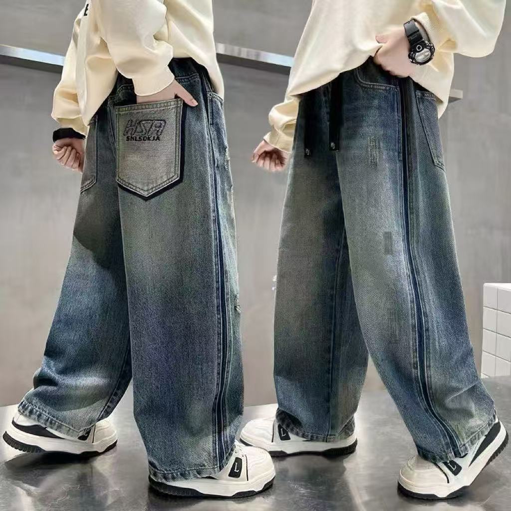 氛围感穿搭~2025男童秋季新款时髦潮酷设计破洞老爹牛仔裤10225