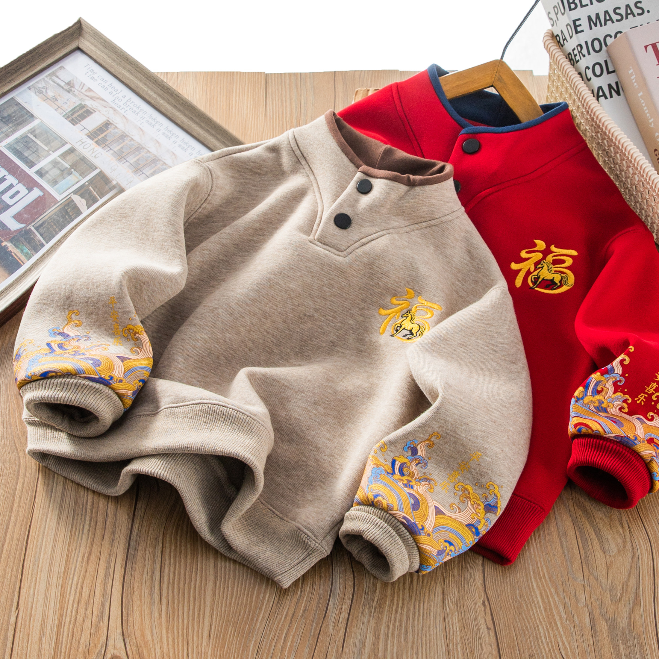 2026拜年服男女童福字刺绣一体领前门加绒卫衣男女童易穿脱休闲服