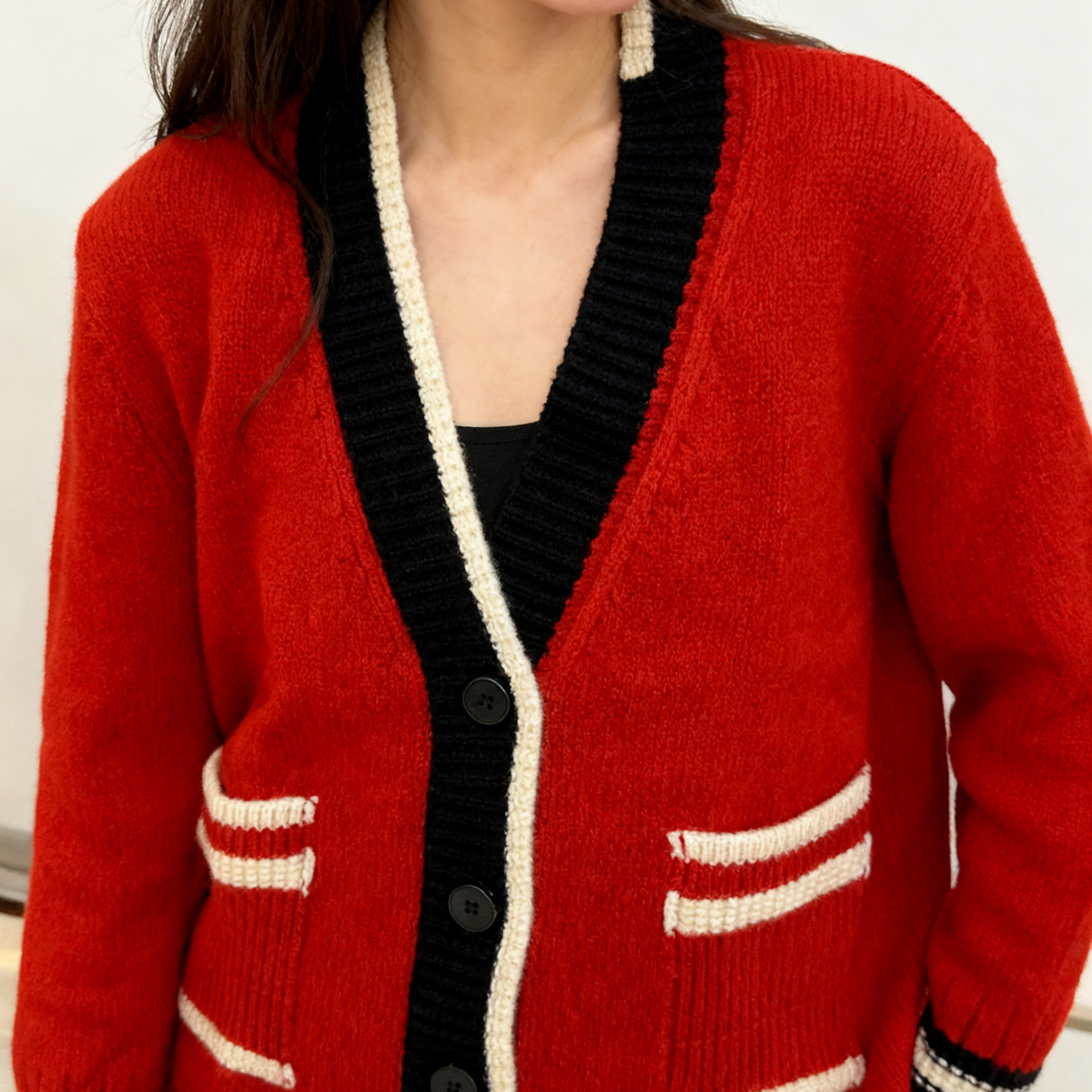 冬季V领时尚拼色慵懒显瘦加厚中长款针织开衫外套5029