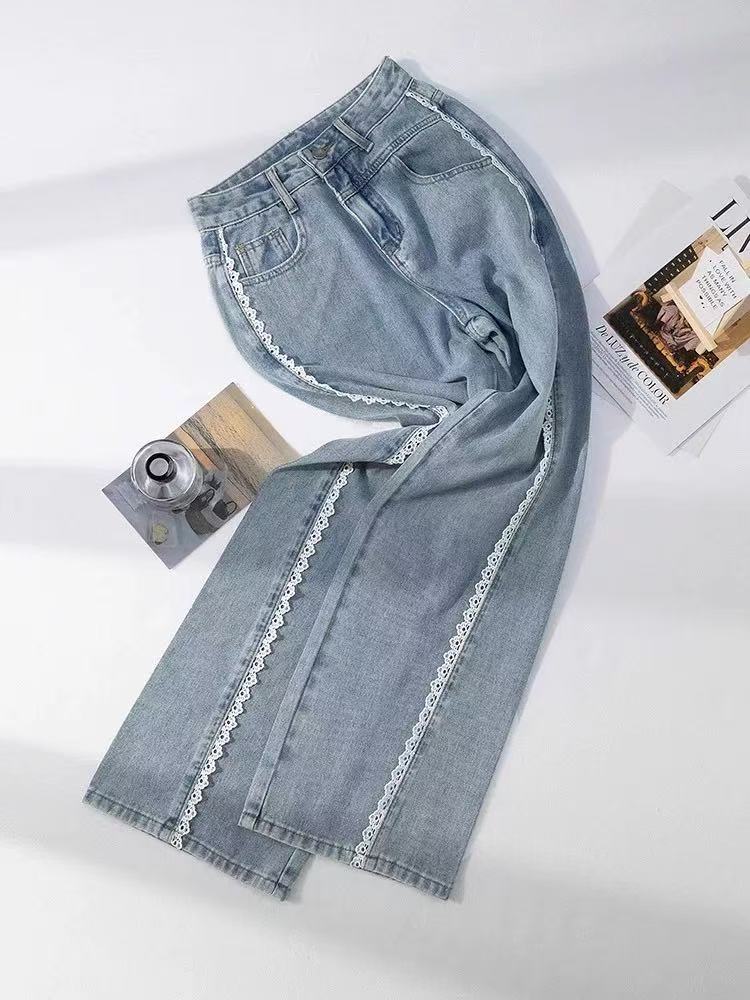 2562*花边阔腿裤高腰女微弹力时尚牛仔裤小香风（裤长约102）