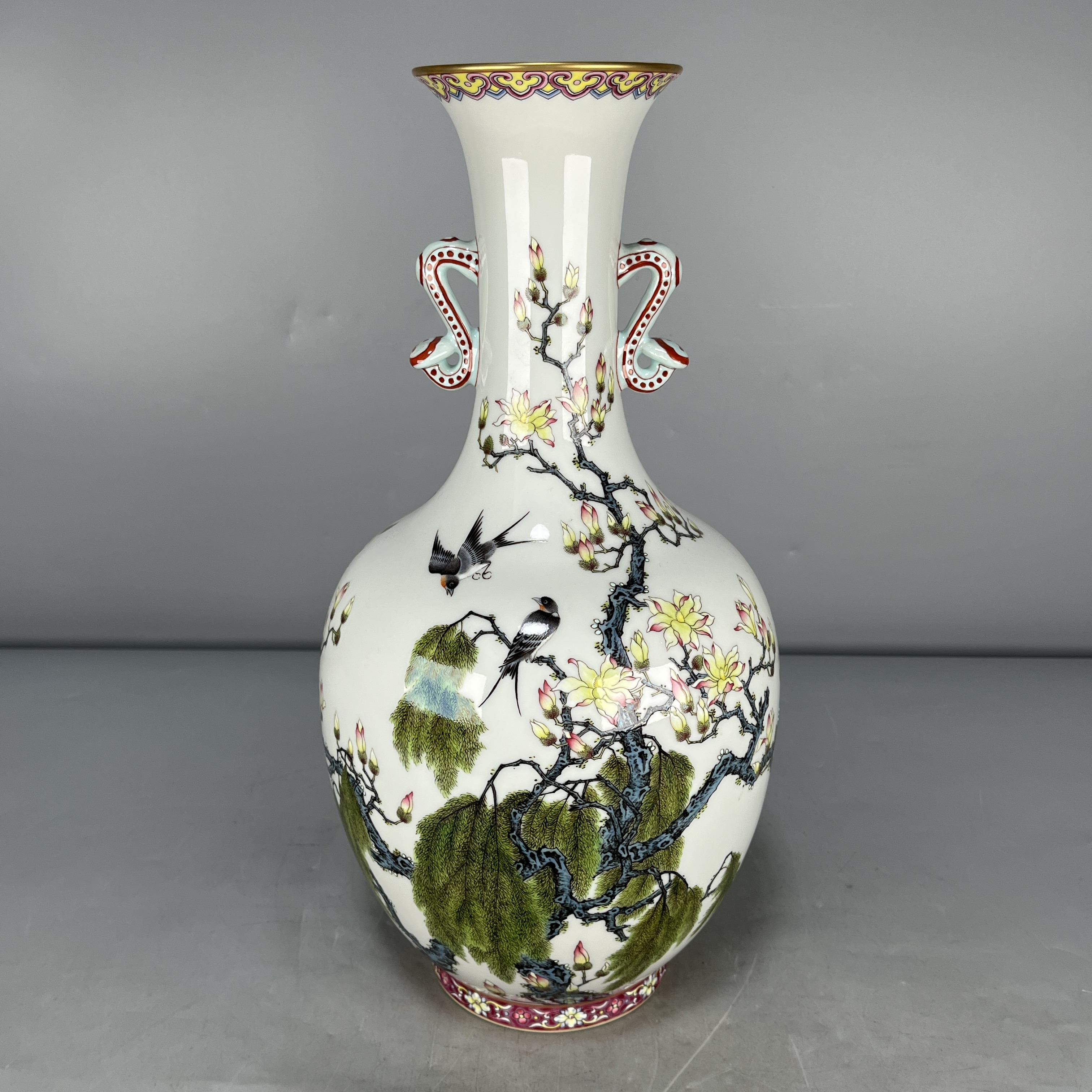 仿古瓷 仿古大清雍正年制粉彩描金花鸟诗词双耳瓶