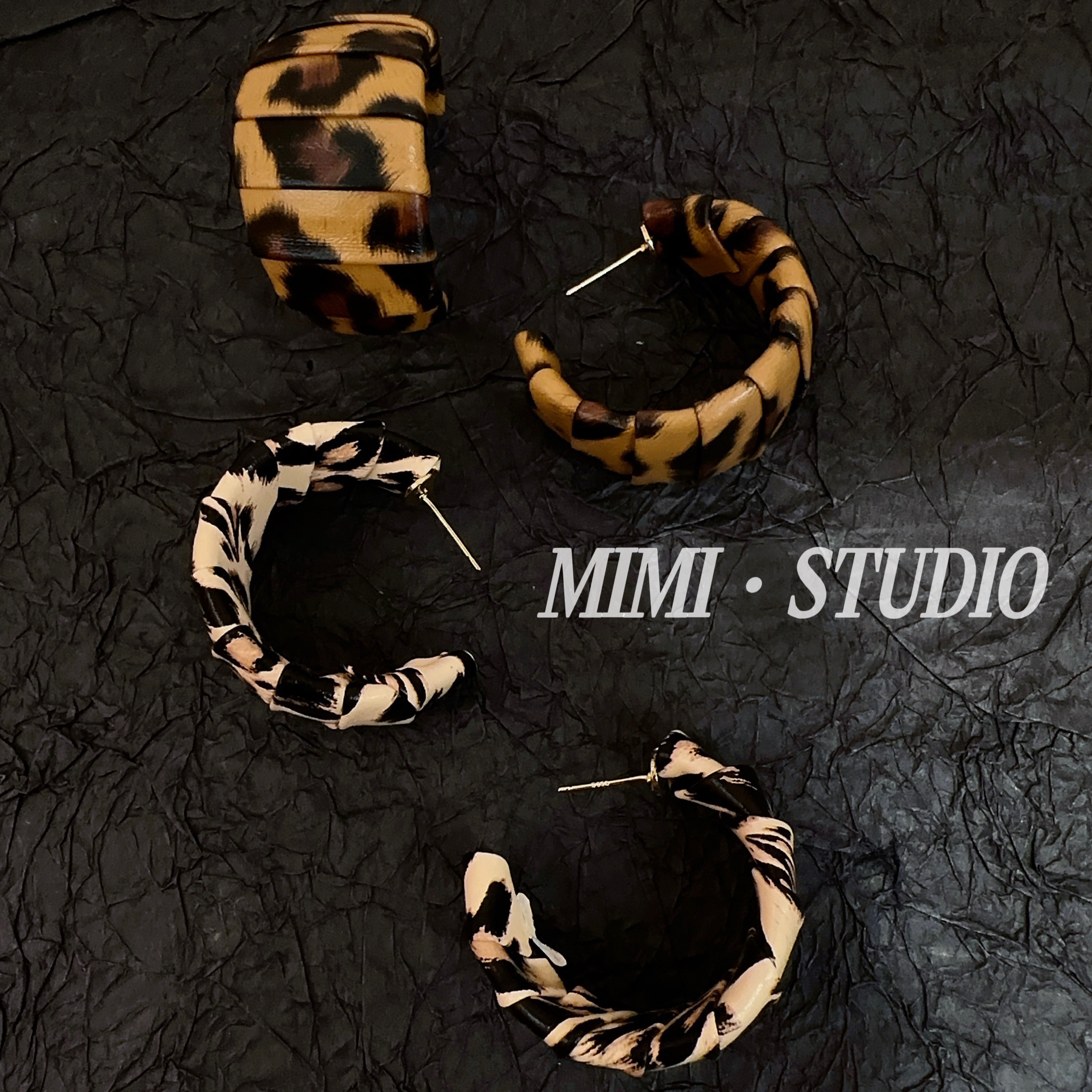 铜合金耳饰 美拉德系列 复古C圈皮革豹纹宽面耳钉