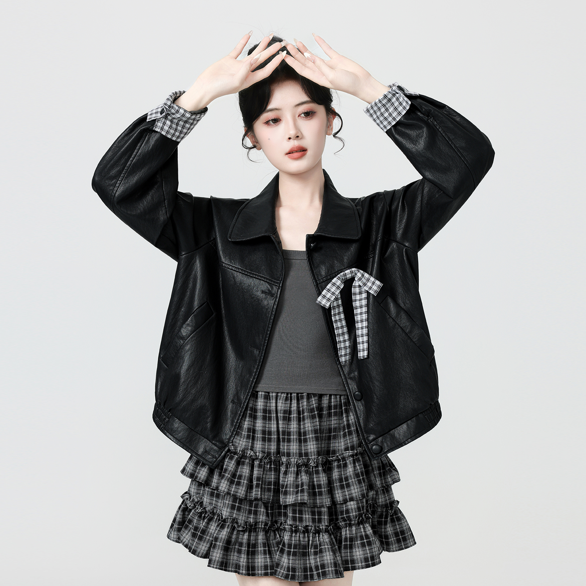 黑色蝴蝶结皮衣外套女春秋2025秋新款格纹拼接pu皮夹克开衫短上衣