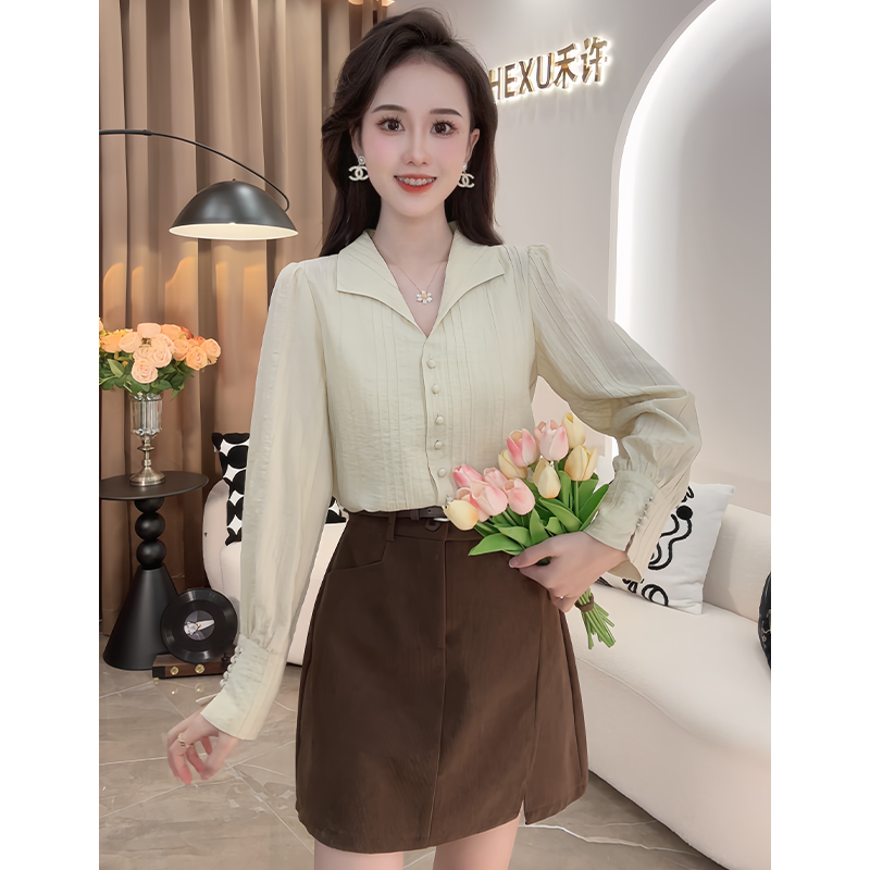 【现货】V领长袖衬衫女2024年春季新款温柔风小众设计感上衣