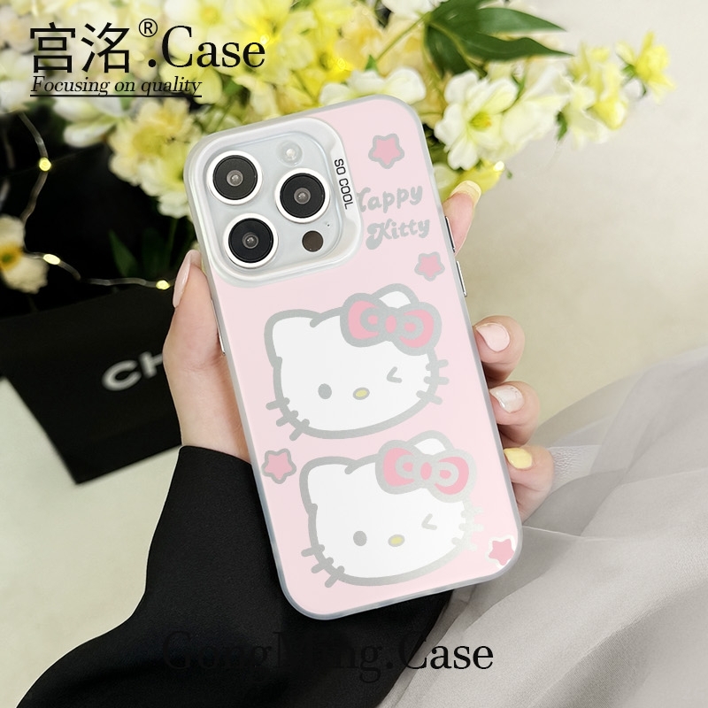 粉色可爱两个KT头彩银壳适用于iPhone苹果16手机壳华为oppo小米手