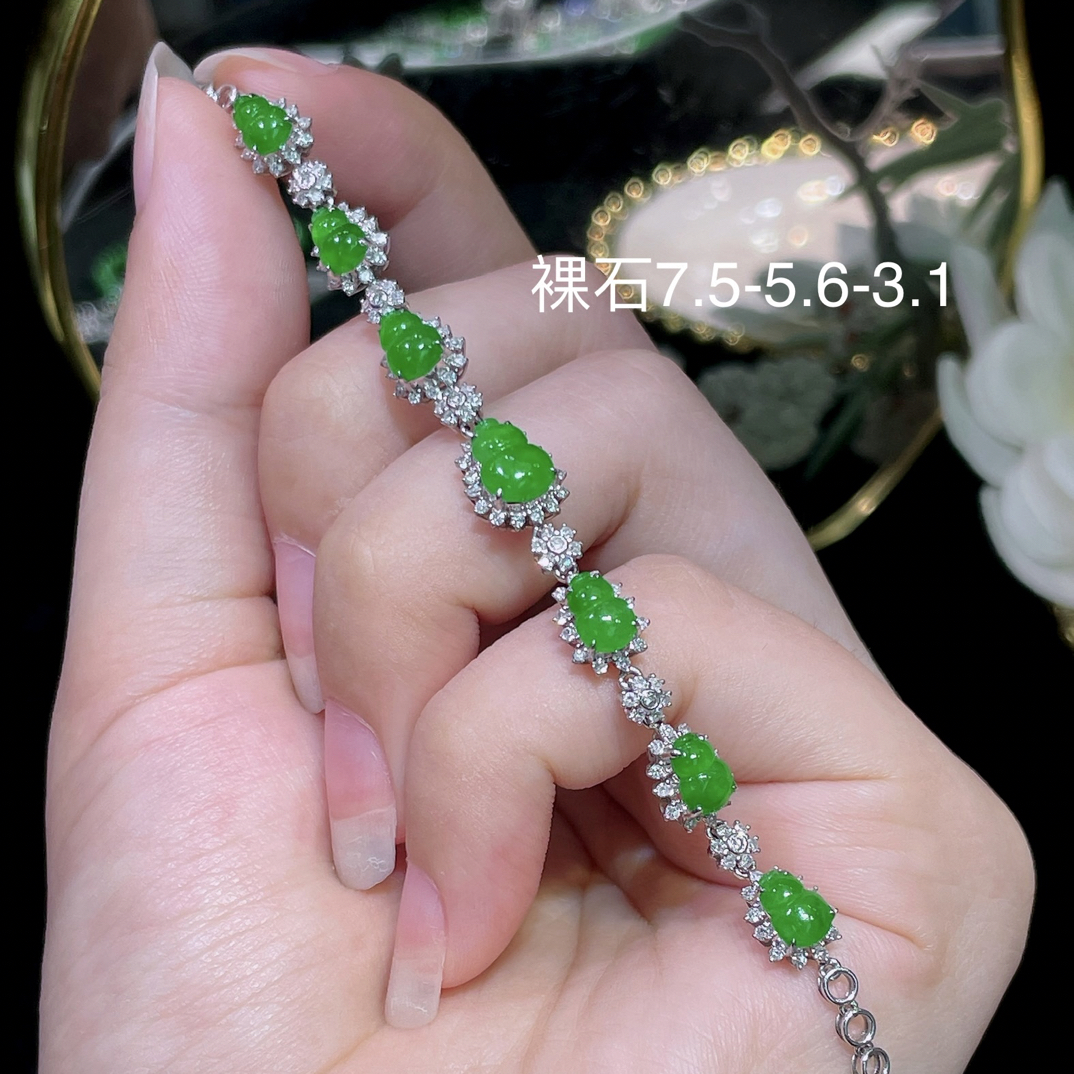 高端翡翠天然缅甸A货18k金镶嵌钻石阳绿浓阳绿辣绿满绿葫芦手链