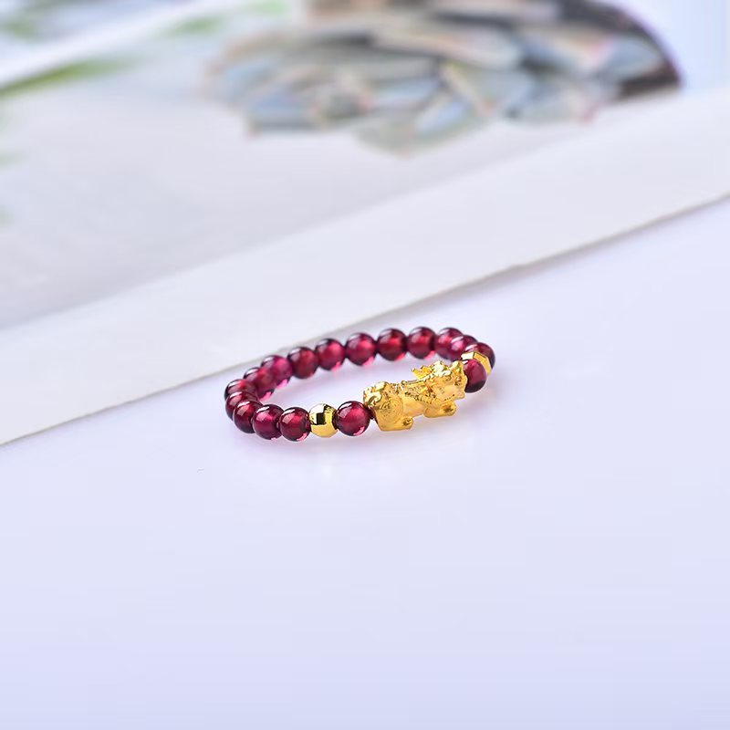 女款【黄金补贴】足金貔貅搭配天然石榴石女士戒指（证书.礼盒）