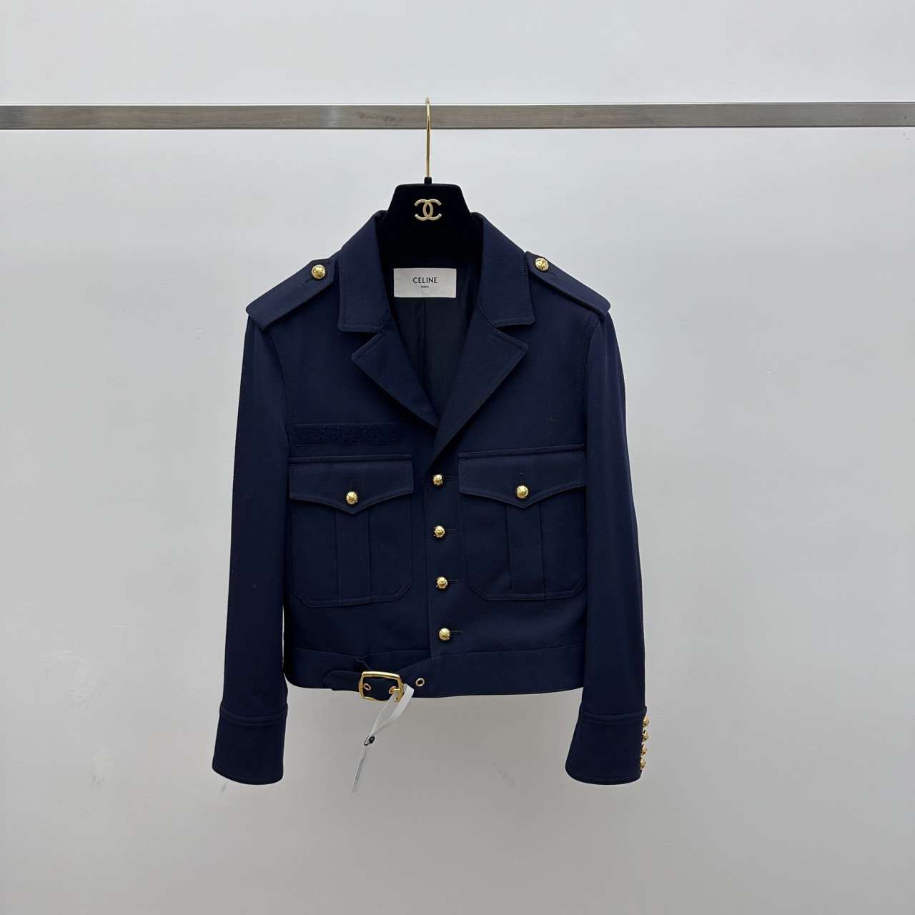 99新 Celine/思琳 23春夏 深蓝色海军风休闲翻领短外套 36码